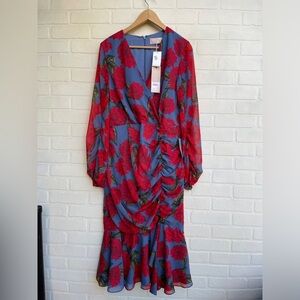 NWT Keepsake the Label Rose Flower Midi Ruffle dress Moonlight blue Dahlia